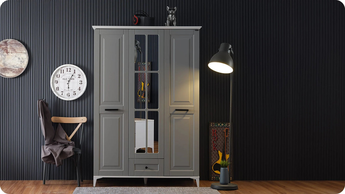 Komplettes Kinderzimmer „Eva“ im eleganten Stil in hellgrau und weiß, Kleiderschrank mit 3 Türen.