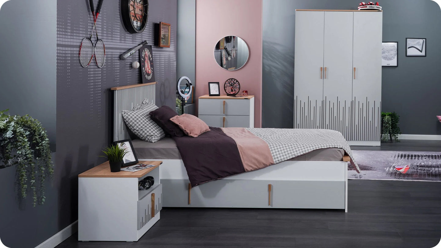 Cameretta completa per ragazzi "Lucas" stile contemporaneo color bianco, nero e legno chiaro con secondo letto estraibile.