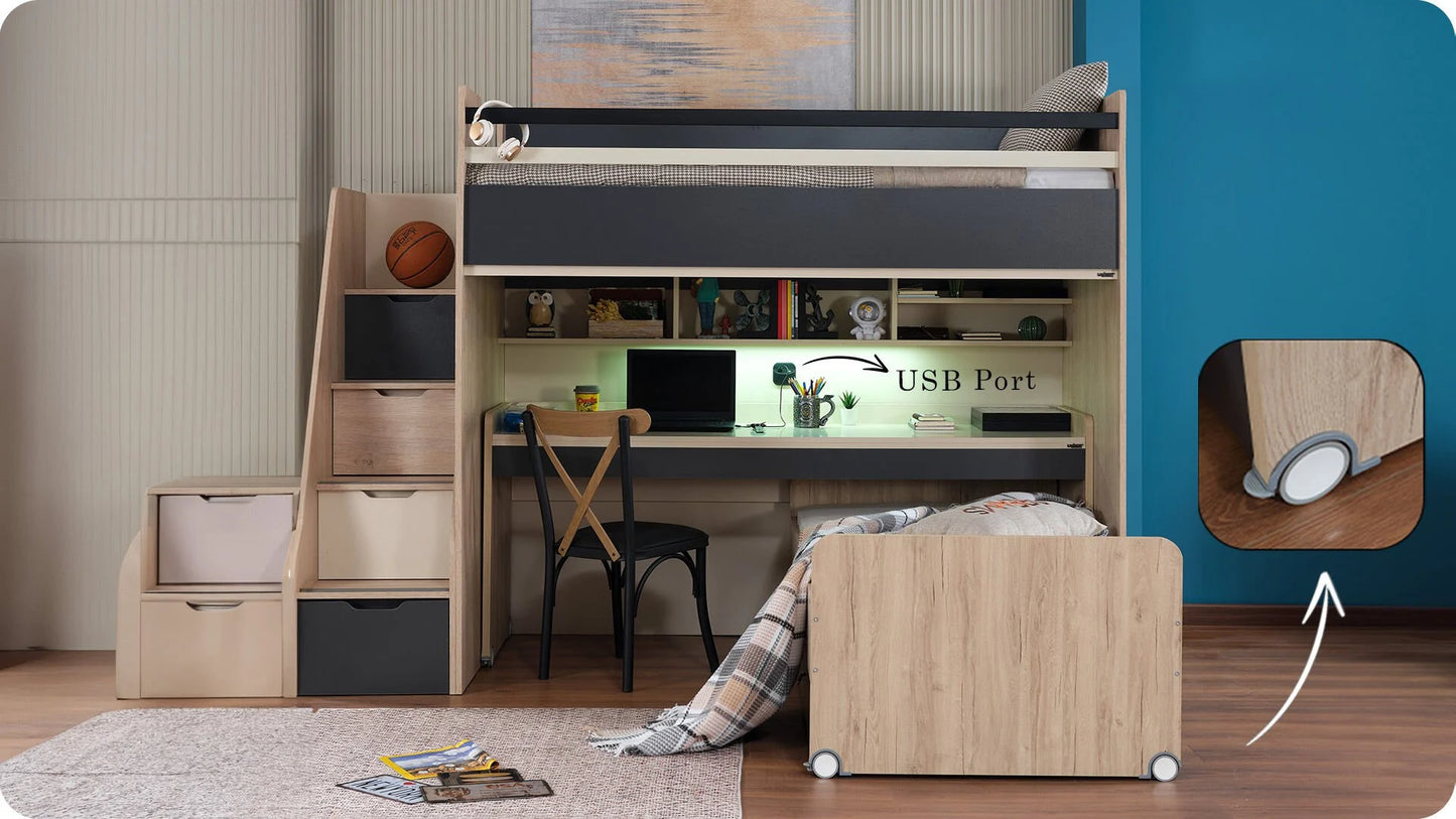 Chambre d'enfant complète "Ares", style moderne et fonctionnel avec lit pont en chêne clair, beige et noir.