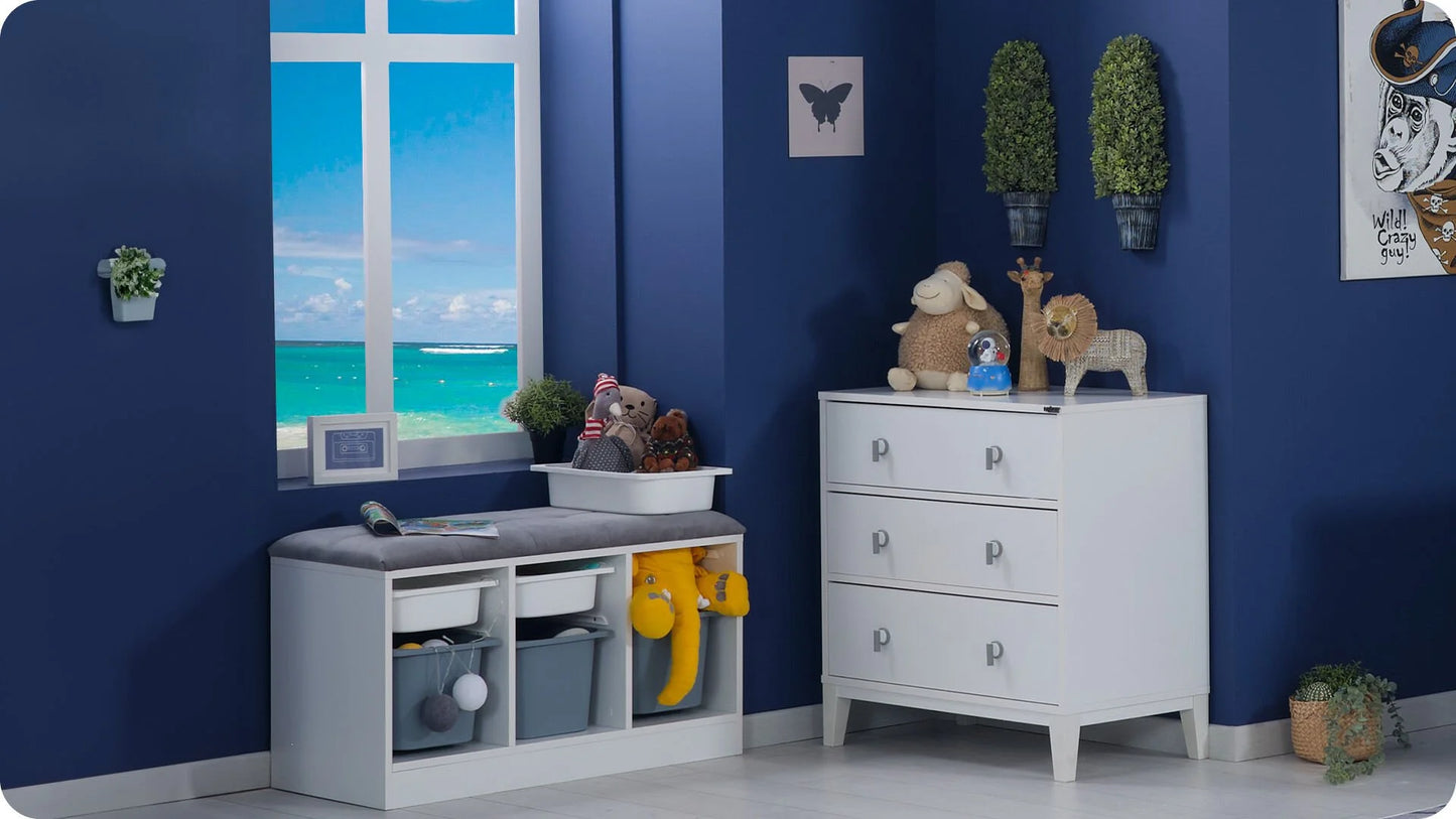 Montessori-Schlafzimmer für Jungen/Mädchen „Luna“, weiße Farbe.