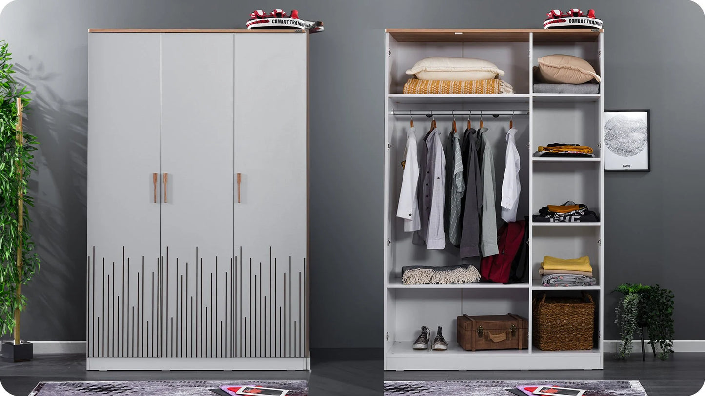 Cameretta completa per ragazzi "Lucas" stile contemporaneo color bianco, nero e legno chiaro con secondo letto estraibile.
