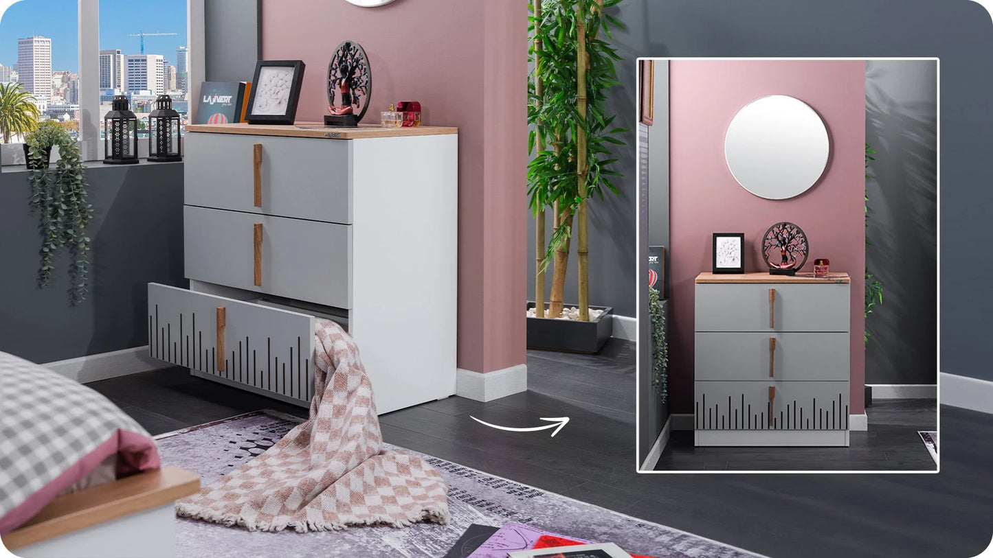 Cameretta completa per ragazzi "Lucas" stile contemporaneo color bianco, nero e legno chiaro con secondo letto estraibile.