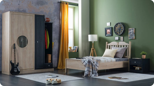 Komplettes Kinderzimmer „Charisma“ im eleganten Stil in heller Eiche und schwarzer Farbe.