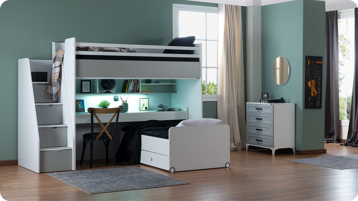 Cameretta completa per ragazzi "Joker" colore bianco e grigio chiaro con letto a ponte e letto estraibile.