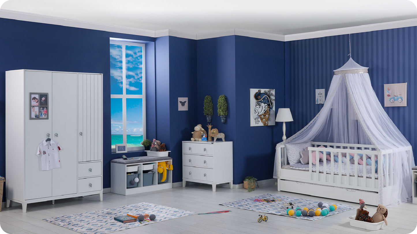 Montessori-Schlafzimmer für Jungen/Mädchen „Luna“, weiße Farbe.