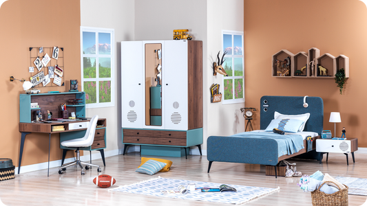 Komplettes Schlafzimmer „Campus“ in Holz, Hellblau und Weiß