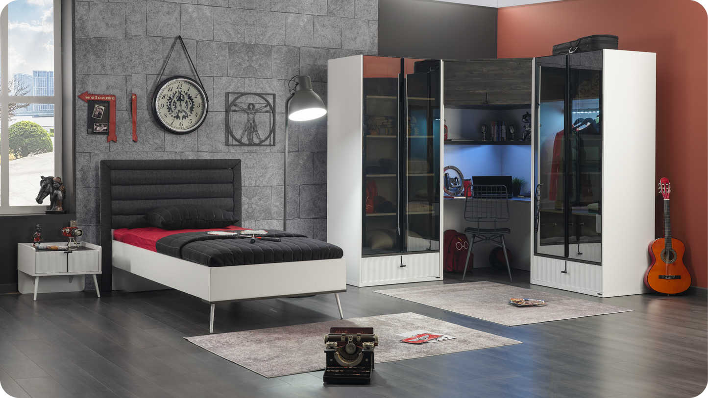 Komplettes „cooles“ Jungenschlafzimmer mit modernem Eckkleiderschrank in Schwarz und Weiß.