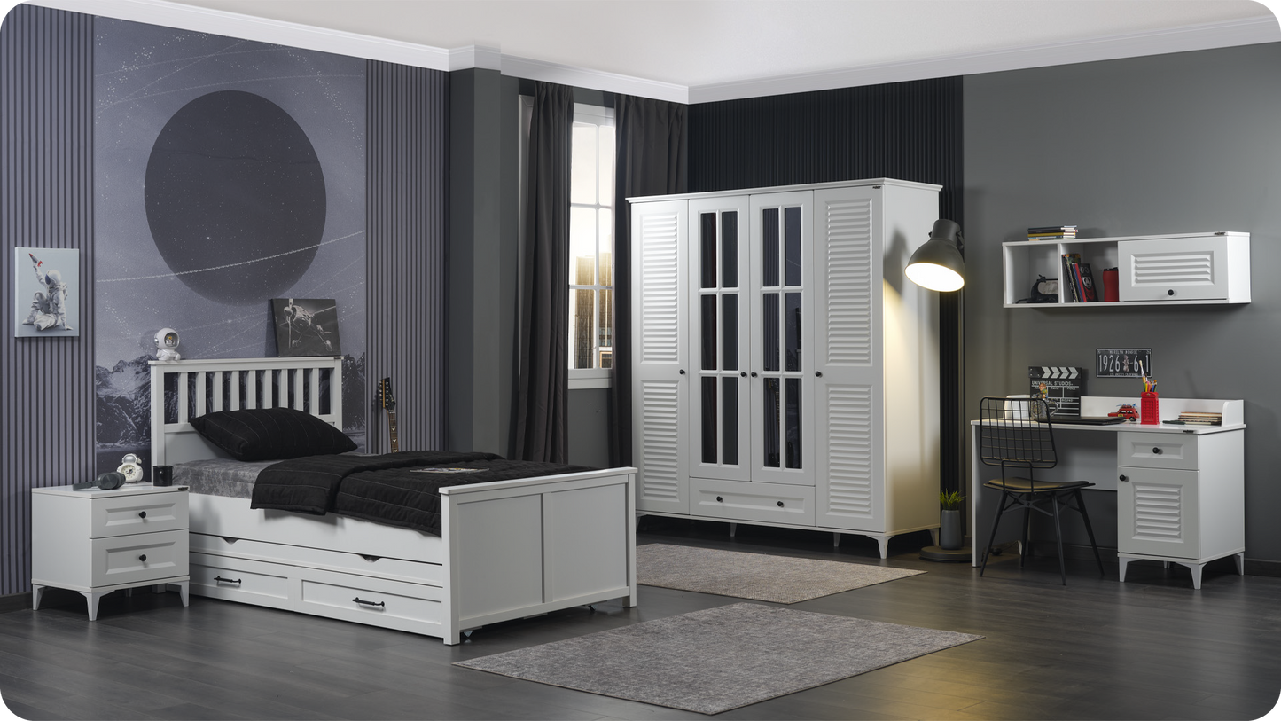 Chambre d'enfant complète "Classe" de style provençal de couleur blanche avec armoire 3 portes.