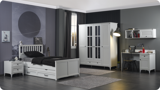 Komplettes Kinderzimmer im provenzalischen Stil „Class“ in Weiß mit 3-türigem Kleiderschrank.