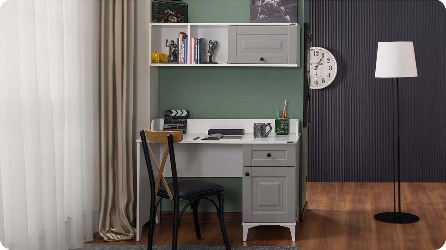 Komplettes Kinderzimmer „Eva“ im eleganten Stil in hellgrau und weiß, Kleiderschrank mit 3 Türen.