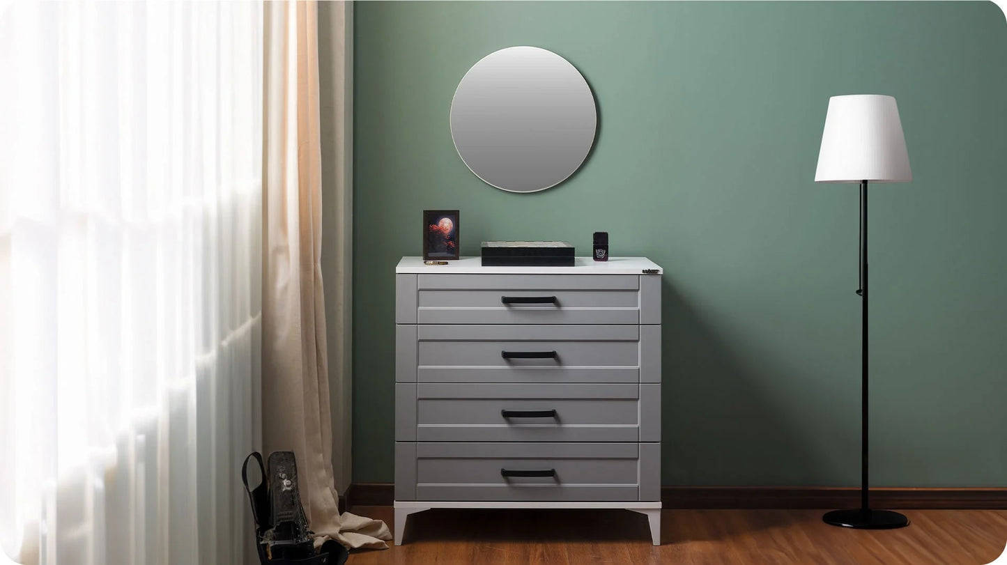 Cameretta completa per ragazzi "Joker" colore bianco e grigio chiaro con letto a ponte e letto estraibile.