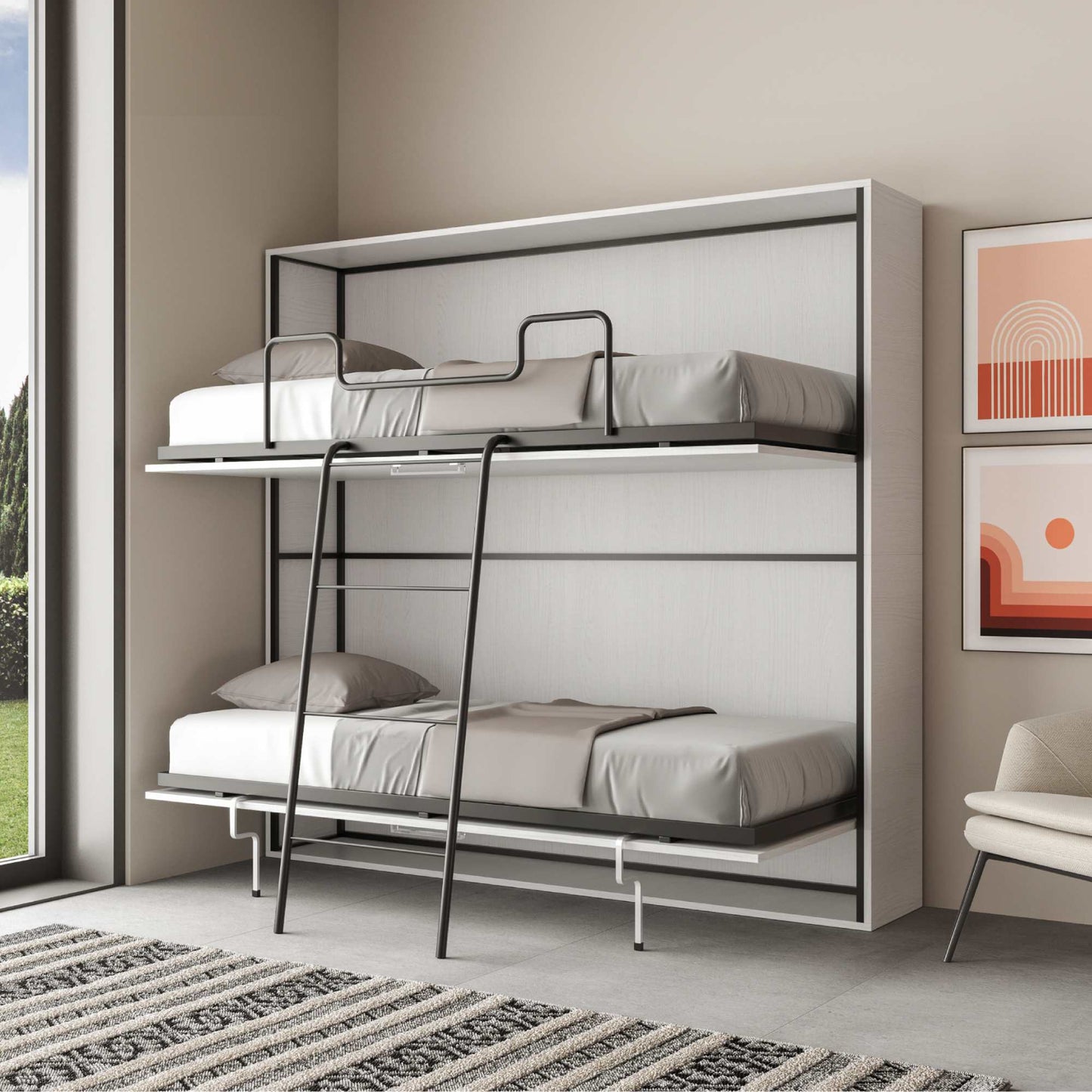 Letto a castello a scomparsa con due letti singoli colore grigio L.199,9 P.39,2 H.190,8