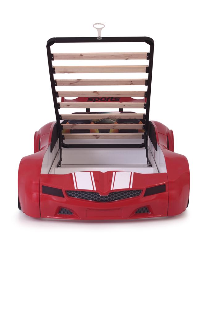 Letto singolo contenitore a forma di auto sportiva colore rosso SPX XTREME con controller e musica, materasso incluso.