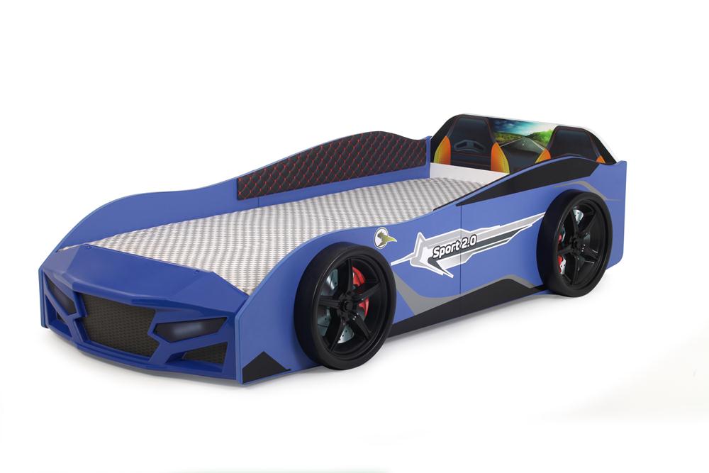 Letto singolo a forma di auto sportiva colore blu SPORT 3.0, materasso incluso.