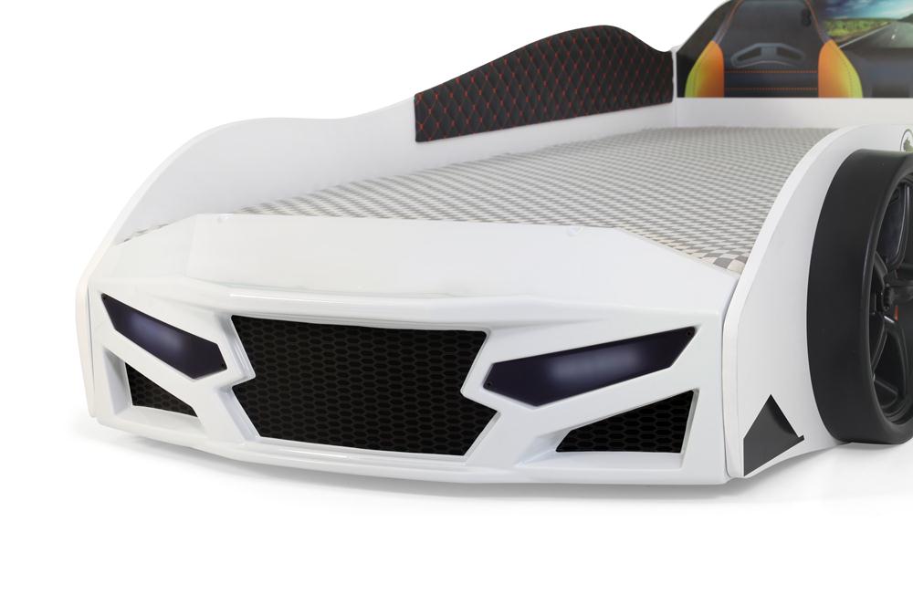 Letto singolo a forma di auto sportiva colore bianco SPORT 3.0, materasso incluso.