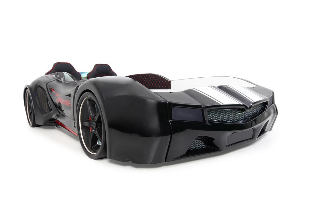 Letto singolo contenitore a forma di auto sportiva colore nero SPX XTREME con controller e musica, materasso incluso.