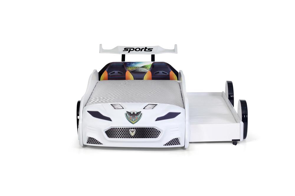 Letto singolo con secondo letto estraibile a forma di auto sportiva colore bianco FORZA2, materassi inclusi.