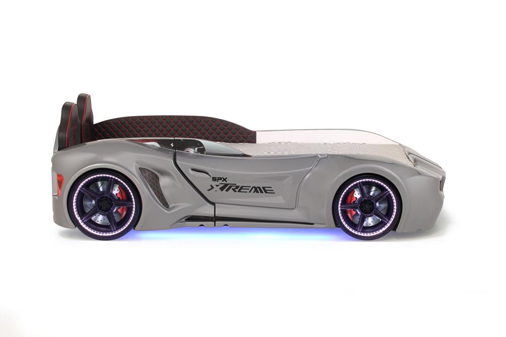 Letto singolo contenitore a forma di auto sportiva colore grigio SPX XTREME con controller e musica, materasso incluso.