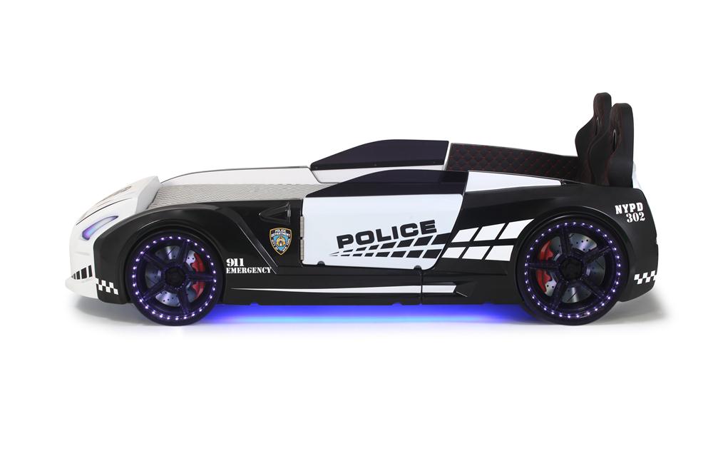 Letto singolo contenitore a forma di auto della polizia colore bianco e nero GTR con apertura porte, materasso incluso.