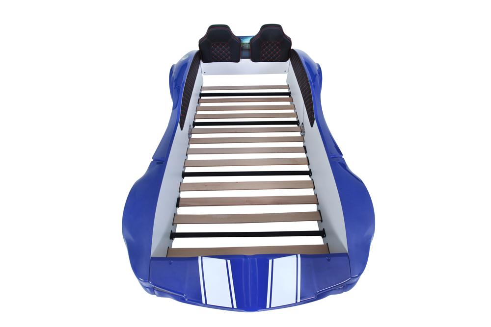 Letto singolo contenitore a forma di auto sportiva colore blu SPX XTREME con controller e musica, materasso incluso.