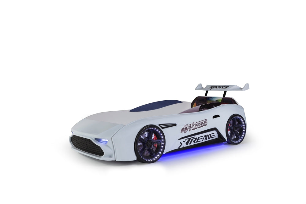 Einzelbett in Form eines ASTON-Sportwagens in Weiß, inklusive Matratze.