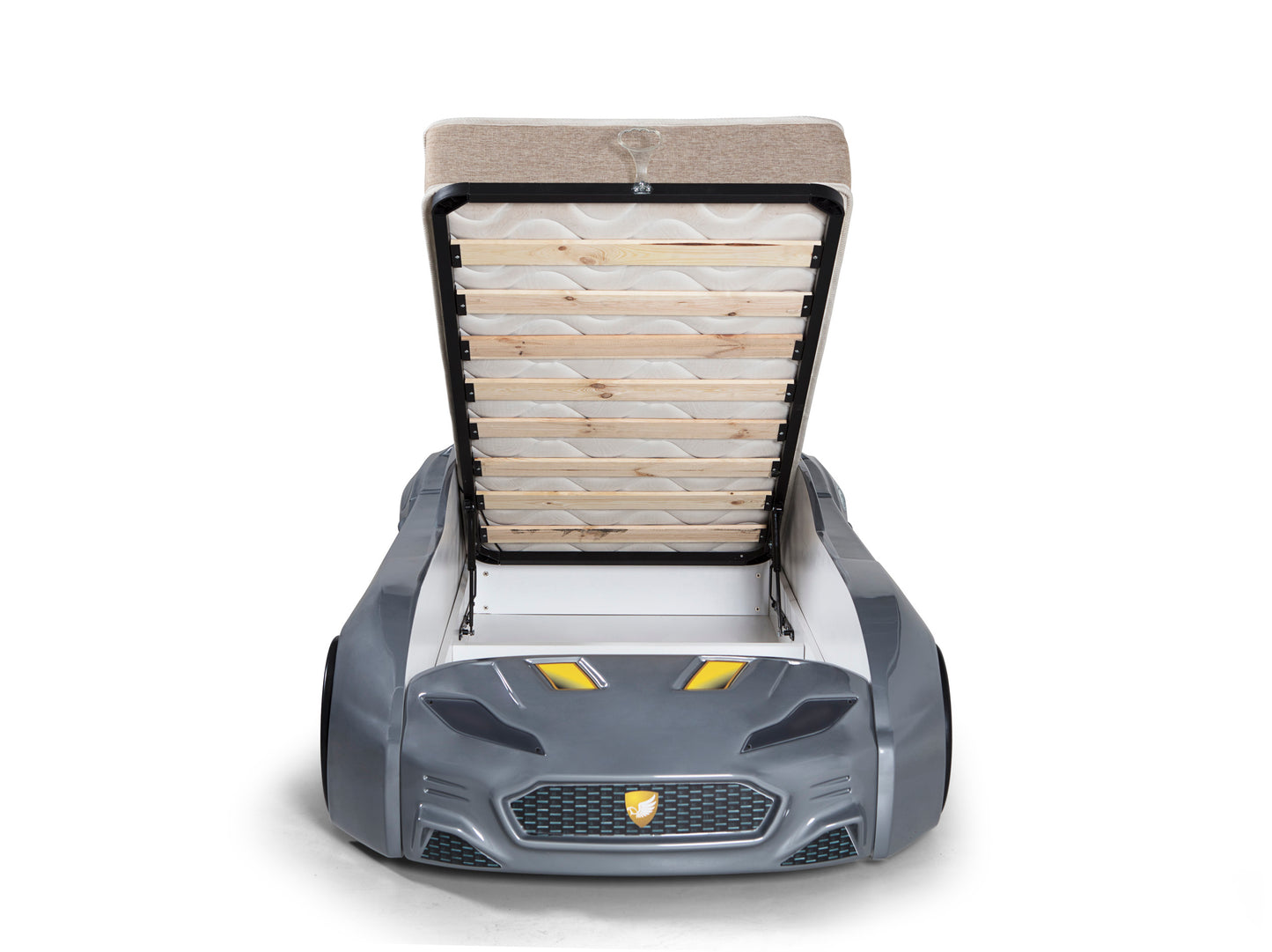 Letto singolo contenitore a forma di auto sportiva colore grigio MAXI con comandi e musica, materasso incluso.