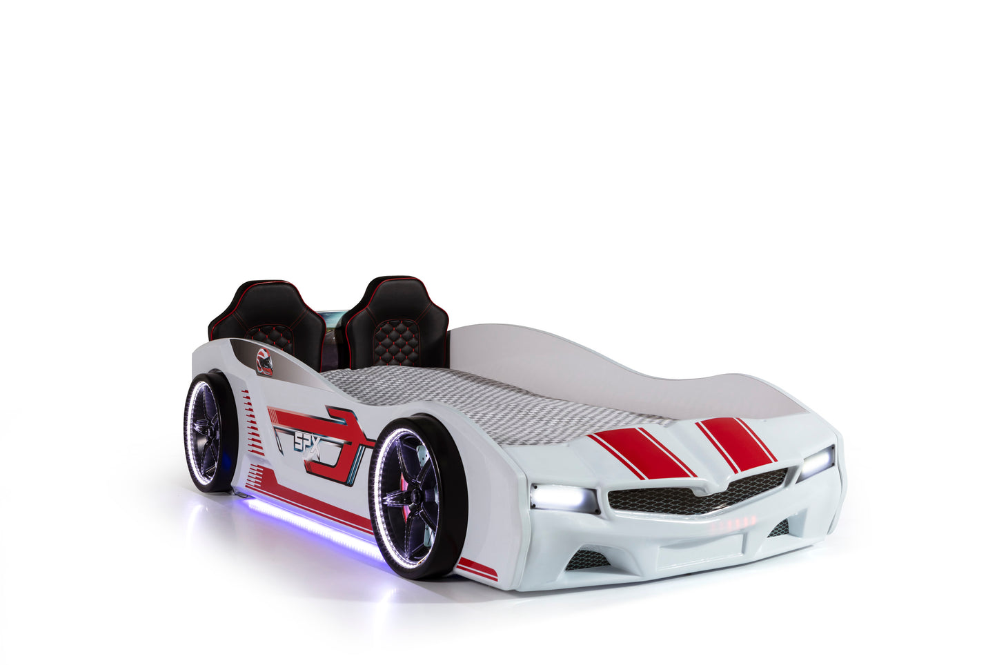 Letto singolo contenitore a forma di auto sportiva colore bianco SPX, materasso incluso.