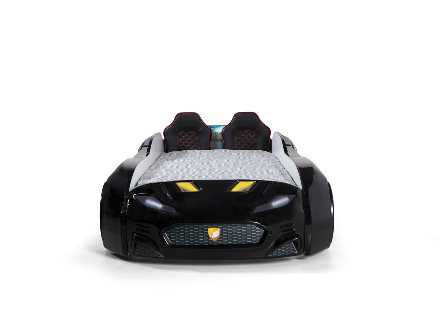 Letto singolo contenitore a forma di auto sportiva colore nero MAXI con comandi e musica, materasso incluso.