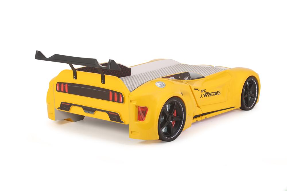 Letto singolo contenitore a forma di auto sportiva colore giallo SPX XTREME con controller e musica, materasso incluso.