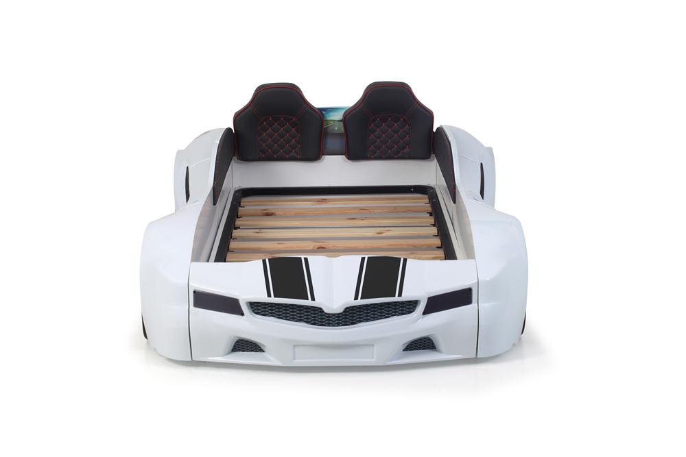 Letto singolo contenitore a forma di auto sportiva colore bianco SPX XTREME con controller e musica, materasso incluso.
