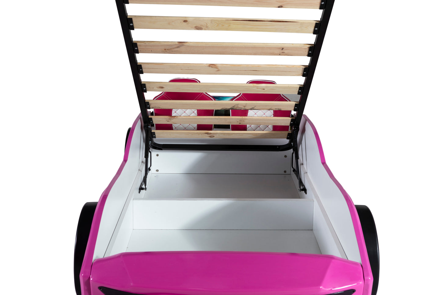 Letto singolo contenitore a forma di auto sportiva colore rosa GT18, materasso incluso.