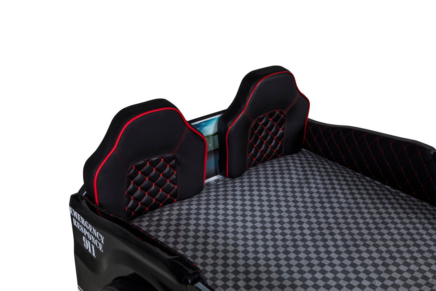 Letto singolo contenitore a forma di auto della polizia MUSTANG colore nero e bianco, con apertura porte, materasso incluso.