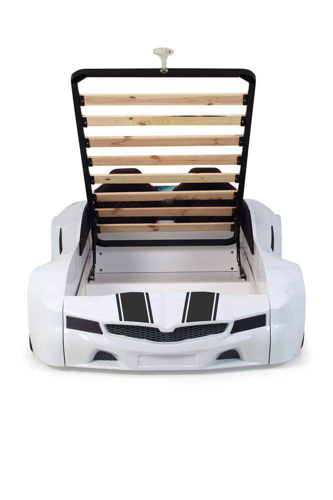Letto singolo contenitore a forma di auto sportiva colore bianco SPX XTREME con controller e musica, materasso incluso.