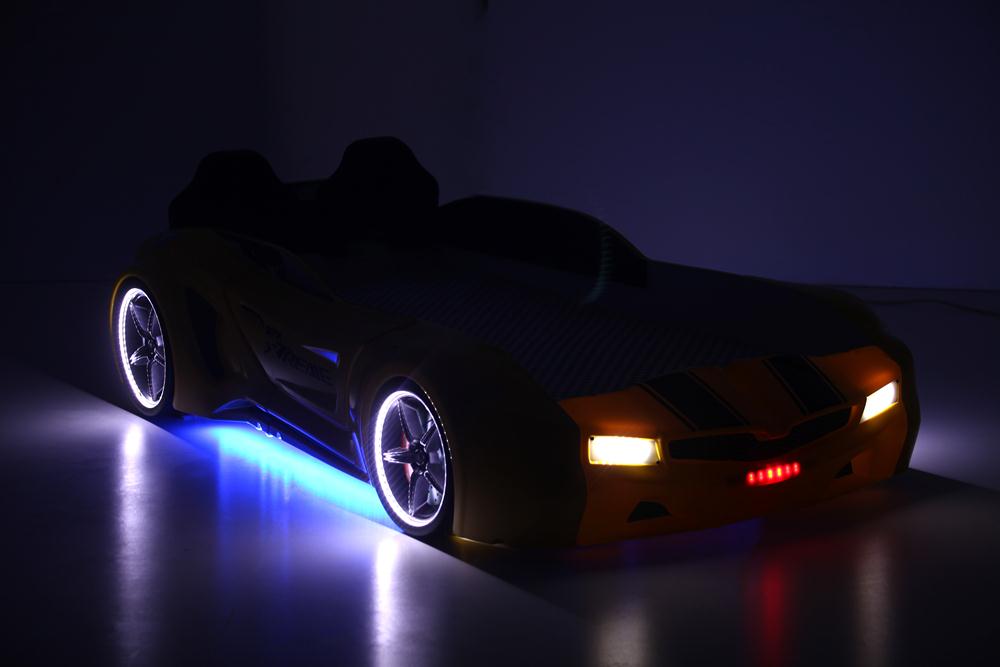 Letto singolo contenitore a forma di auto sportiva colore giallo SPX XTREME con controller e musica, materasso incluso.