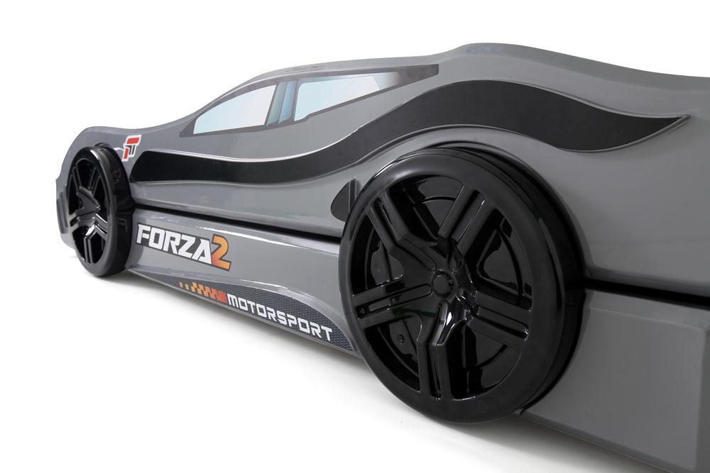 Letto singolo con secondo letto estraibile a forma di auto sportiva colore grigio FORZA2, materassi inclusi.