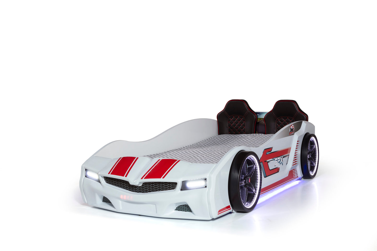 Letto singolo contenitore a forma di auto sportiva colore bianco SPX, materasso incluso.