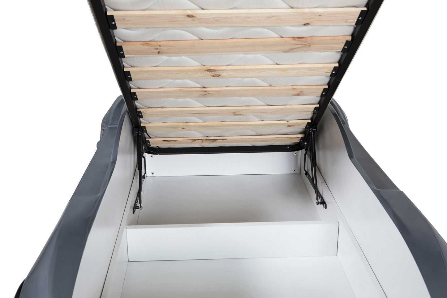 Letto singolo contenitore a forma di auto sportiva colore grigio MAXI con comandi e musica, materasso incluso.