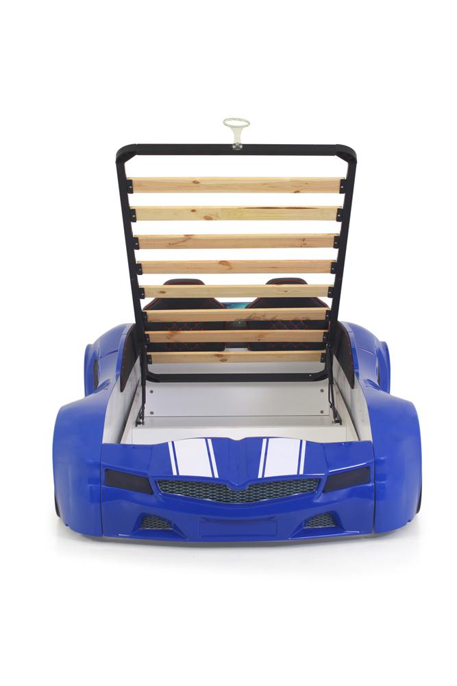 Letto singolo contenitore a forma di auto sportiva colore blu SPX XTREME con controller e musica, materasso incluso.