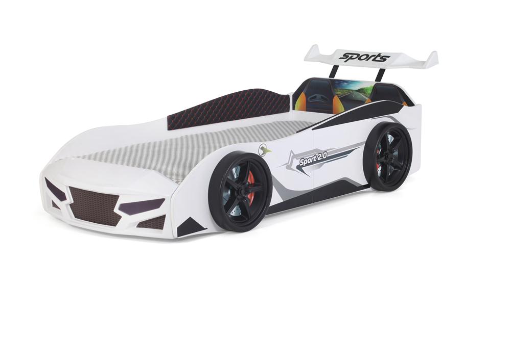 Letto singolo a forma di auto sportiva colore bianco SPORT 3.0, materasso incluso.