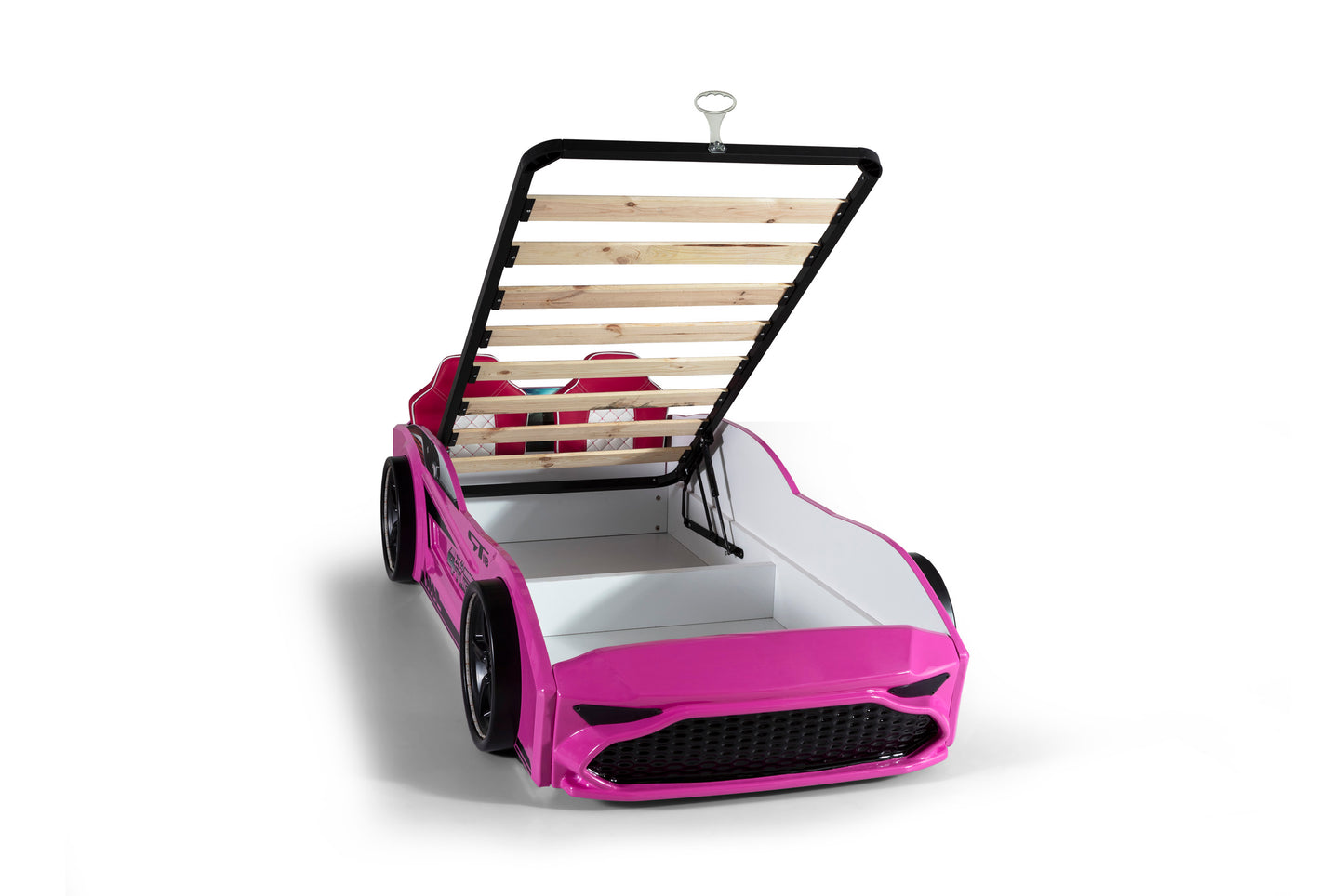 Letto singolo contenitore a forma di auto sportiva colore rosa GT18, materasso incluso.