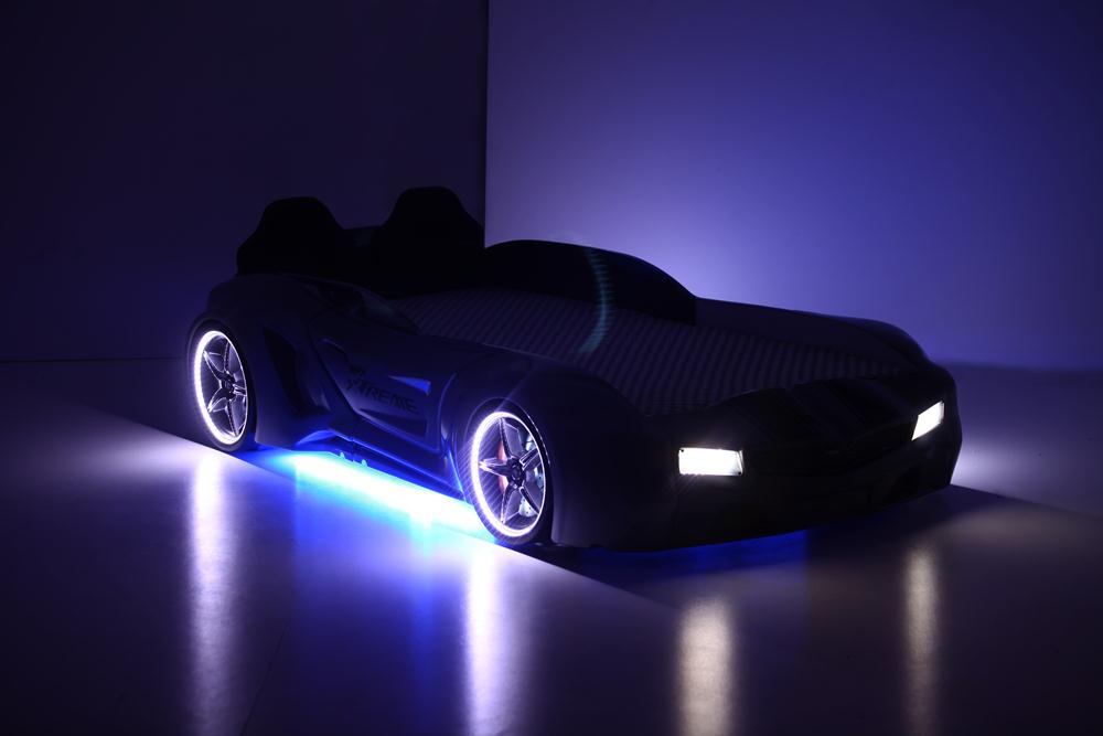 Letto singolo contenitore a forma di auto sportiva colore grigio SPX XTREME con controller e musica, materasso incluso.