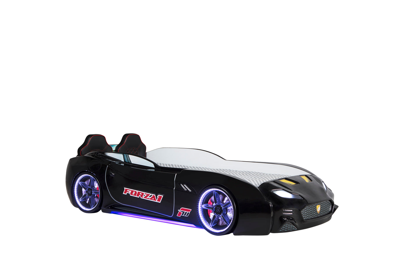 Letto singolo contenitore a forma di auto sportiva colore nero MAXI con comandi e musica, materasso incluso.
