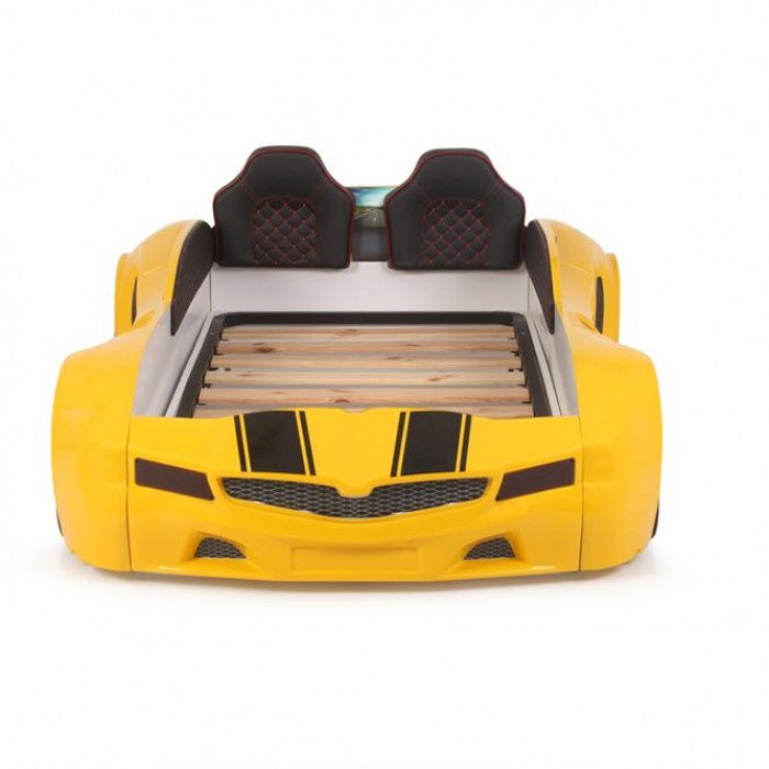 Letto singolo contenitore a forma di auto sportiva colore giallo SPX XTREME con controller e musica, materasso incluso.