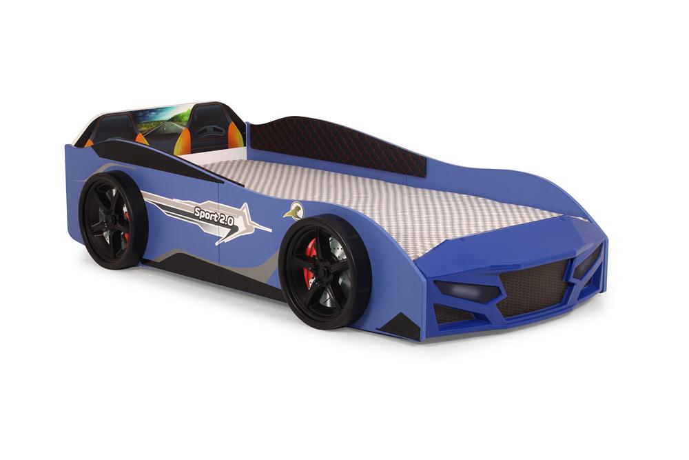 Letto singolo a forma di auto sportiva colore blu SPORT 3.0, materasso incluso.
