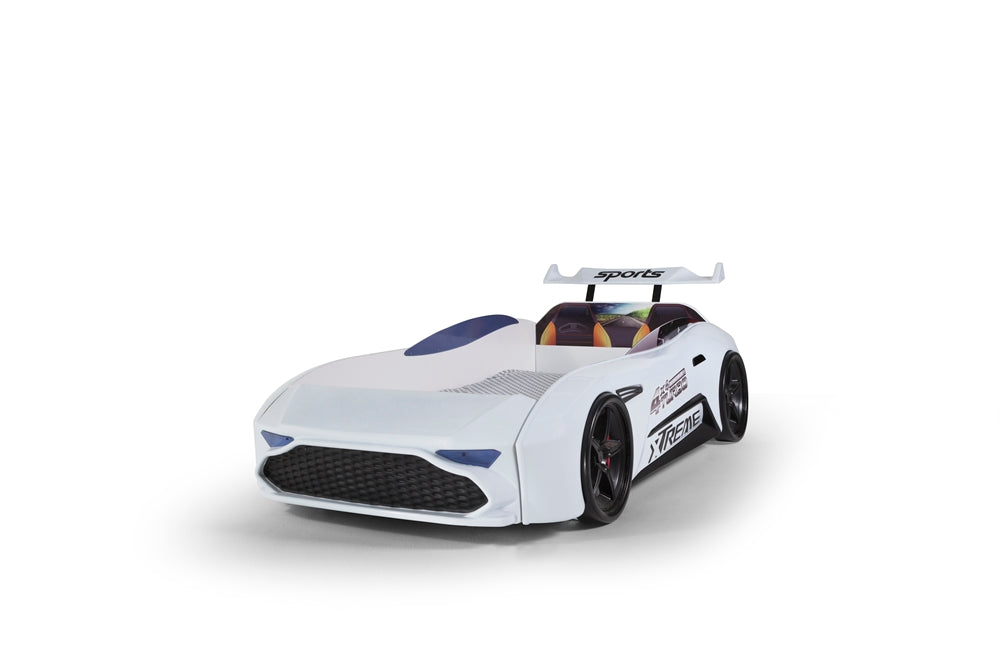 Einzelbett in Form eines ASTON-Sportwagens in Weiß, inklusive Matratze.
