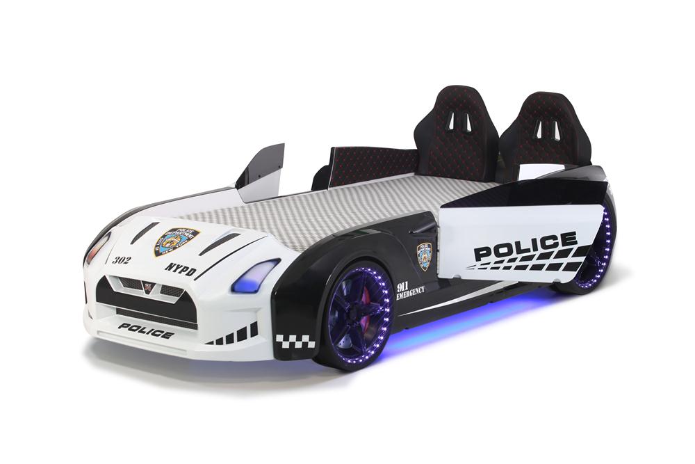 Letto singolo contenitore a forma di auto della polizia colore bianco e nero GTR con apertura porte, materasso incluso.