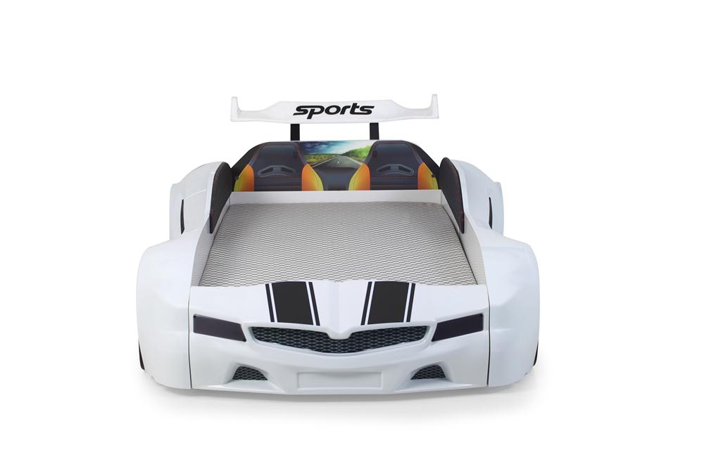 Letto singolo contenitore a forma di auto sportiva colore bianco SPX XTREME con controller e musica, materasso incluso.