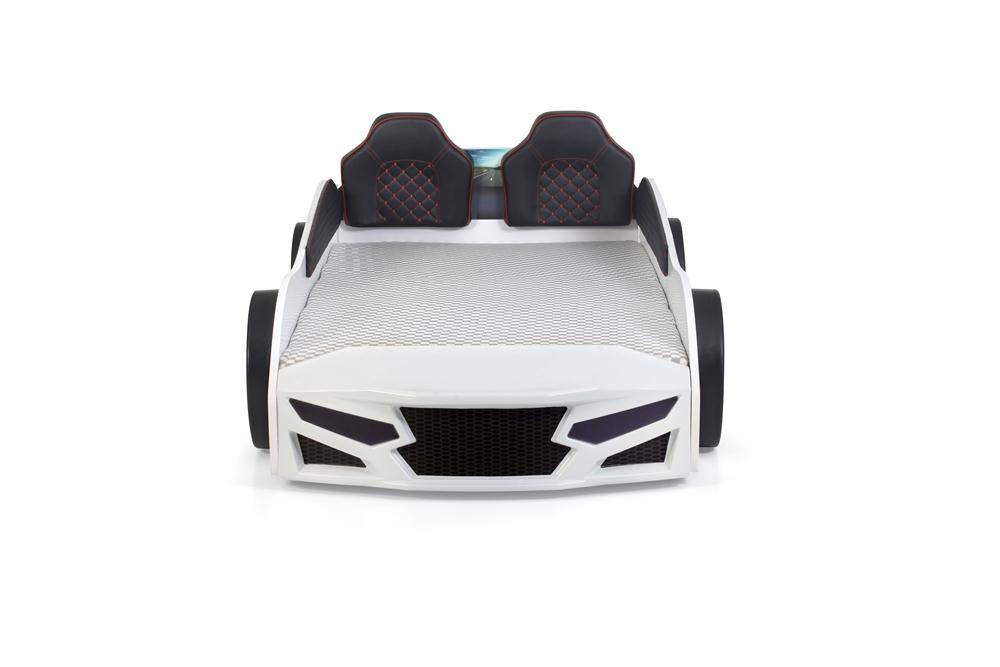 Letto singolo a forma di auto sportiva colore bianco SPORT 3.0, materasso incluso.