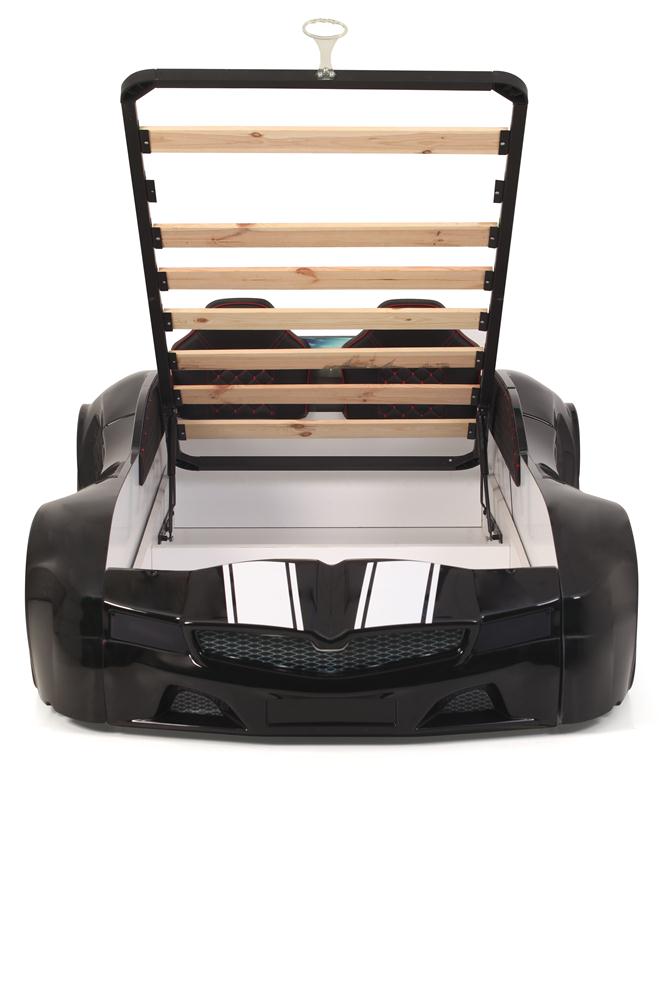 Letto singolo contenitore a forma di auto sportiva colore nero SPX XTREME con controller e musica, materasso incluso.