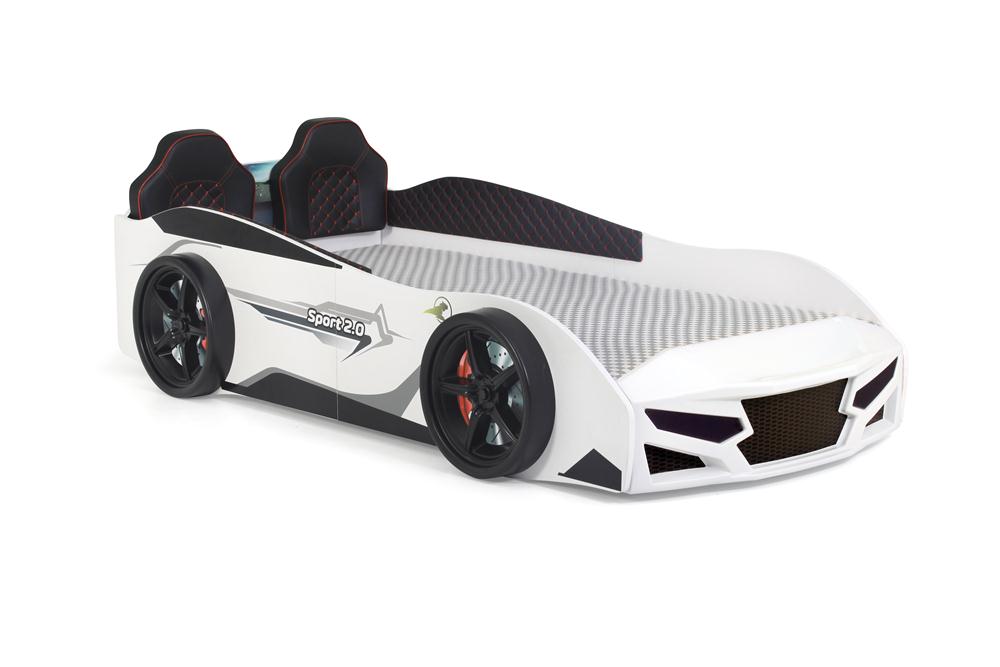 Letto singolo a forma di auto sportiva colore bianco SPORT 3.0, materasso incluso.